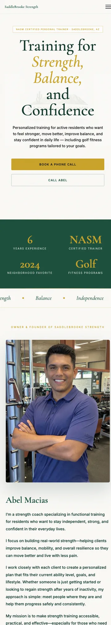 Saddlebrooke Strength live site, full mobile page capture