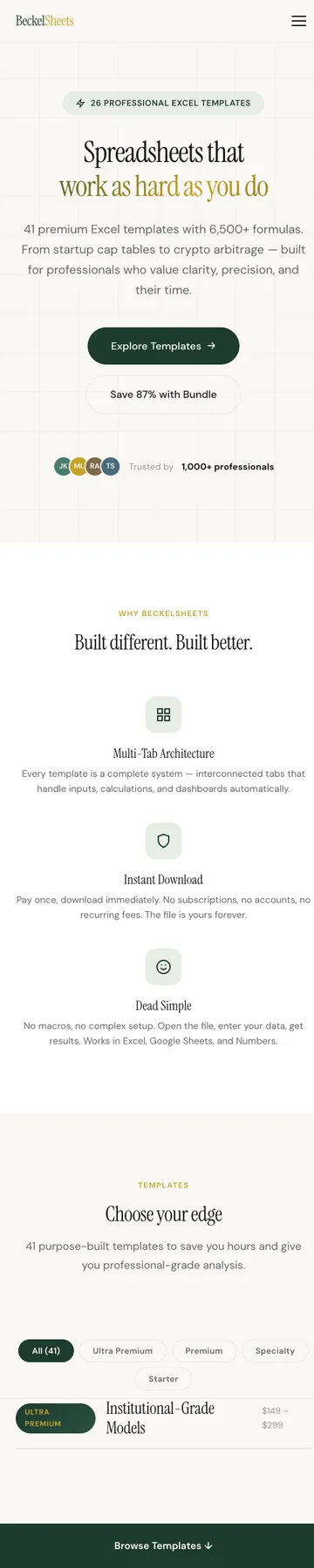 Beckel Spreadsheets live site, full mobile page capture